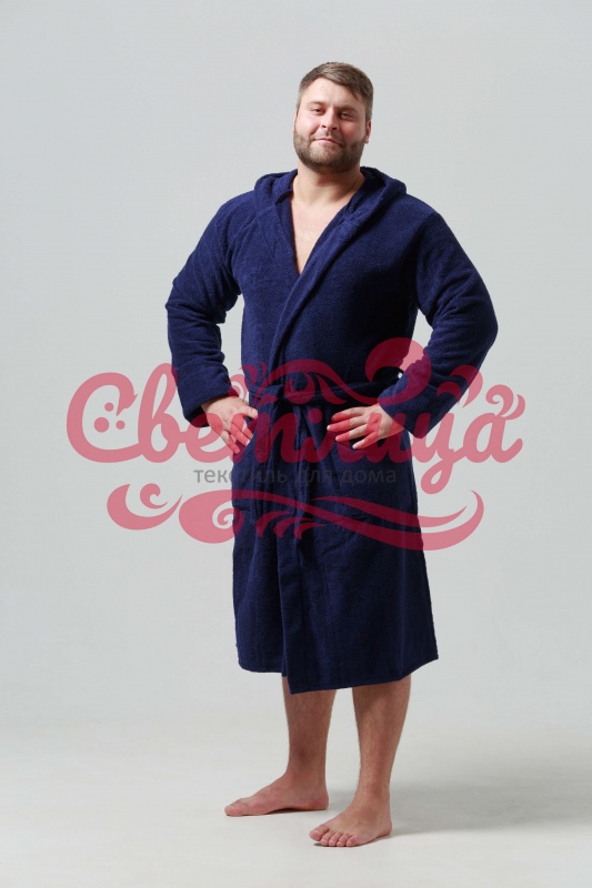 Мужской классический махровый халат с капюшоном (Темно-синий)